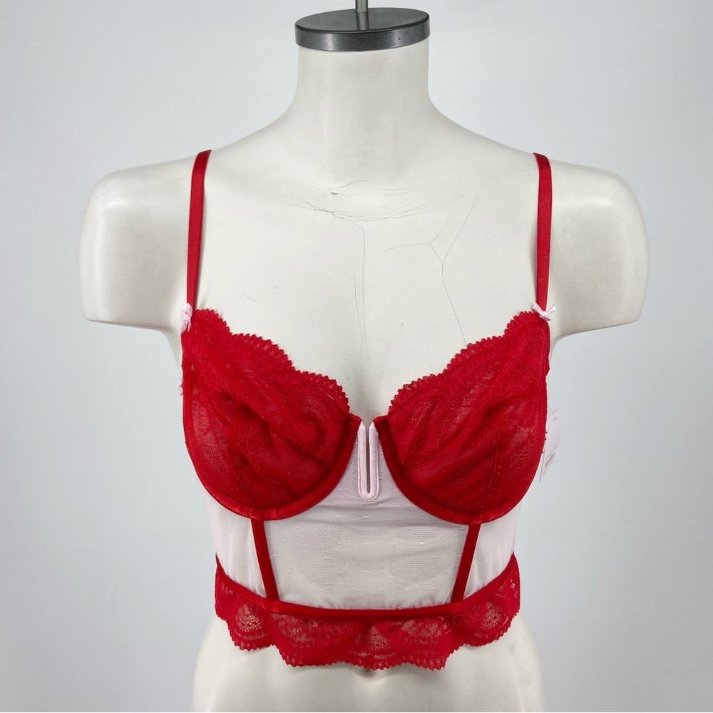 NWT Auden Light Pink and Red Lace and Mesh Corset Size Medium